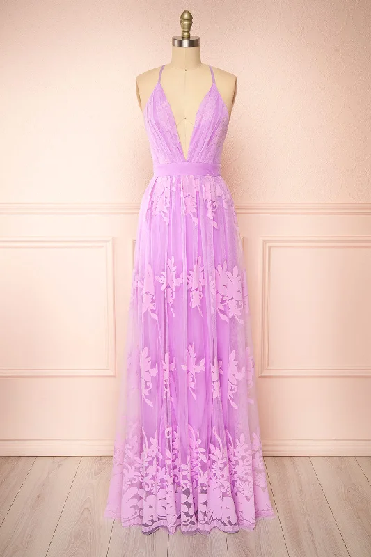 Kailania Lavender | Plunging Neckline Mesh Maxi Gown Mid - Week Surprise