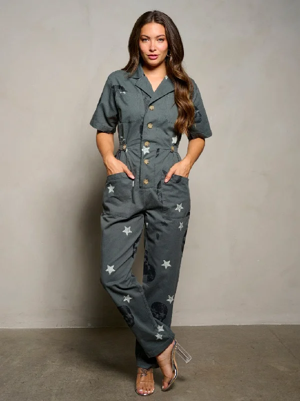 WOMEN'S SHORT SLEEVE BUTTON UP PRINTED POCKETS DENIM JUMPSUIT Redefining Women's Style