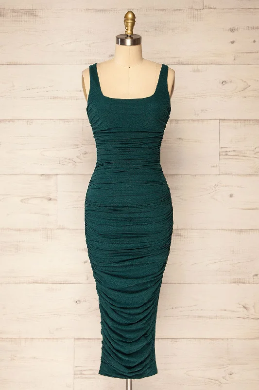 Fecho Green | Fitted Ruched Midi Dress Disco - Inspired Retro Dance Look