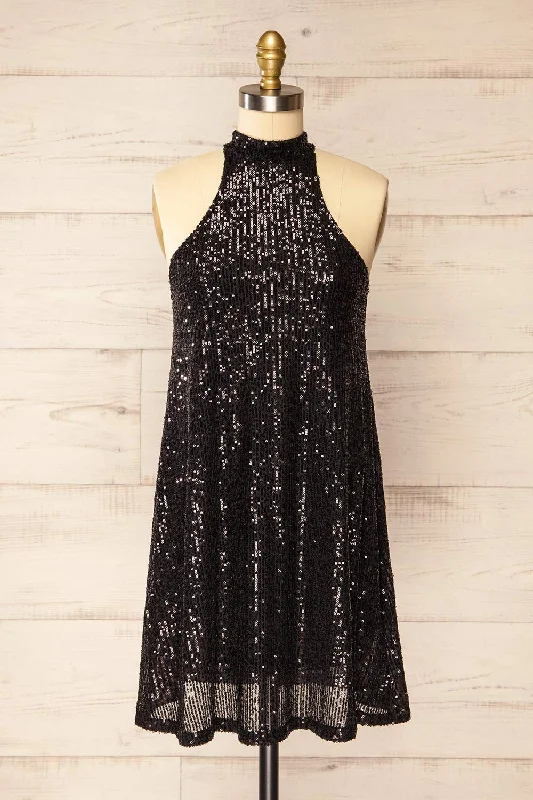 Singapour Black | Short Sequin Dress w/ High Neck Statement Piece