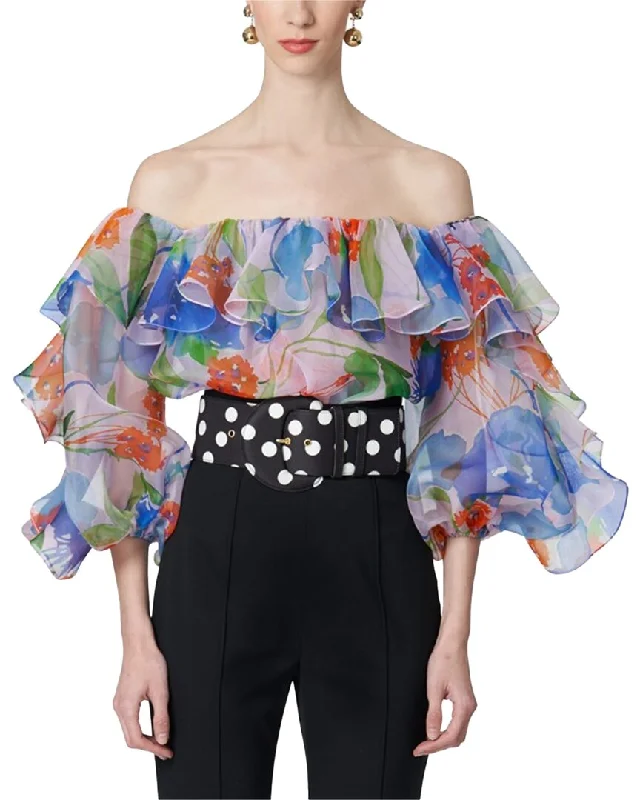 Carolina Herrera Off-Shoulder Ruffle Balloon Sleeve Silk Top New Season Fashion Preview Sale