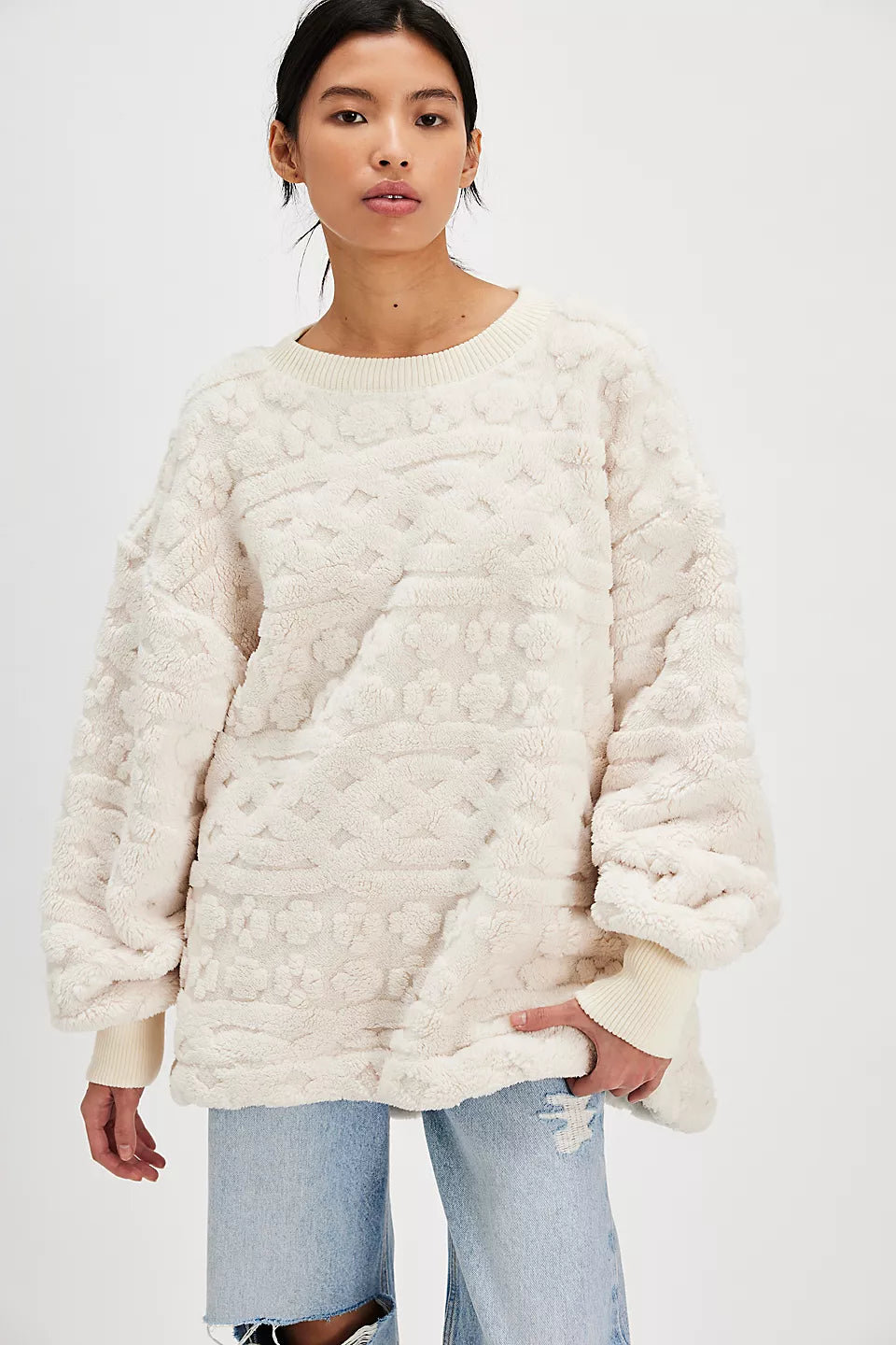 Free People Cable Knit Sweatshirt - IVORY COMBO Premium Fashion