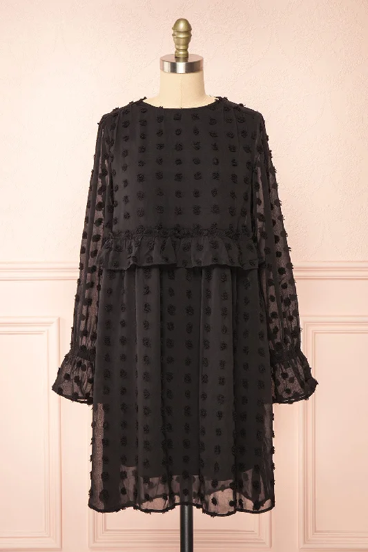 Elyris | Black Loose Dotted Short Dress Graceful Drape