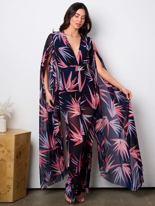 WOMEN'S LONG BELL SLEEVE V-NECK WIDE LEG LEAF PRINT JUMPSUIT Day To Night Styles