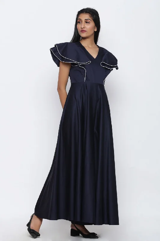 Navy Blue Circular Drama Flare Jumpsuit Hot Styles