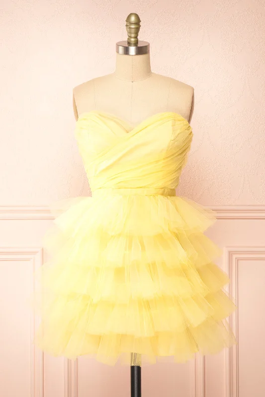 Myrah Yellow | Strapless Tiered Tulle Short Dress Graceful Movement