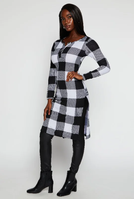 Plaid Side Slit Long Sleeve Tunic Top Trendy Women's Wear Collection