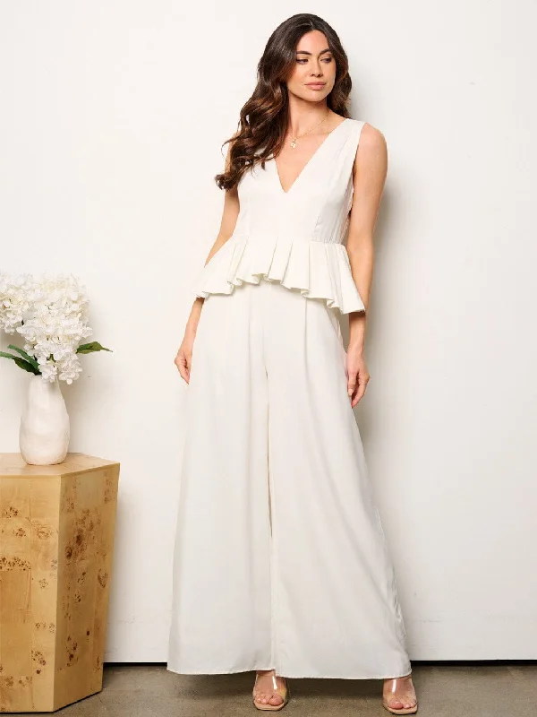 WOMEN'S SLEEVELESS V-NECK RUFFLE WAIST WIDE LEG JUMPSUIT Fashion For Every Occasion