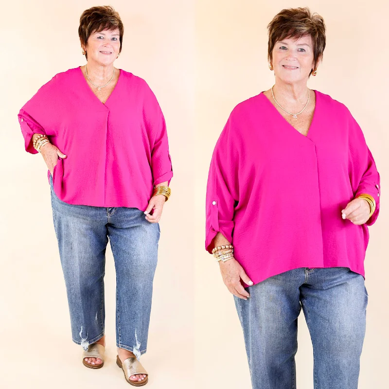 Weekend Out V Neck Placket 3/4 Sleeve Top in Magenta Flash Sale Starts