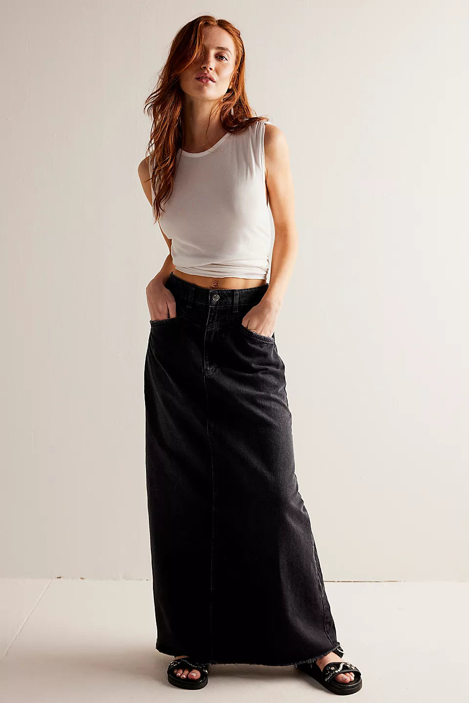 Free People We The Free Come As You Are Denim Maxi Skirt - BLACK Summer Essentials