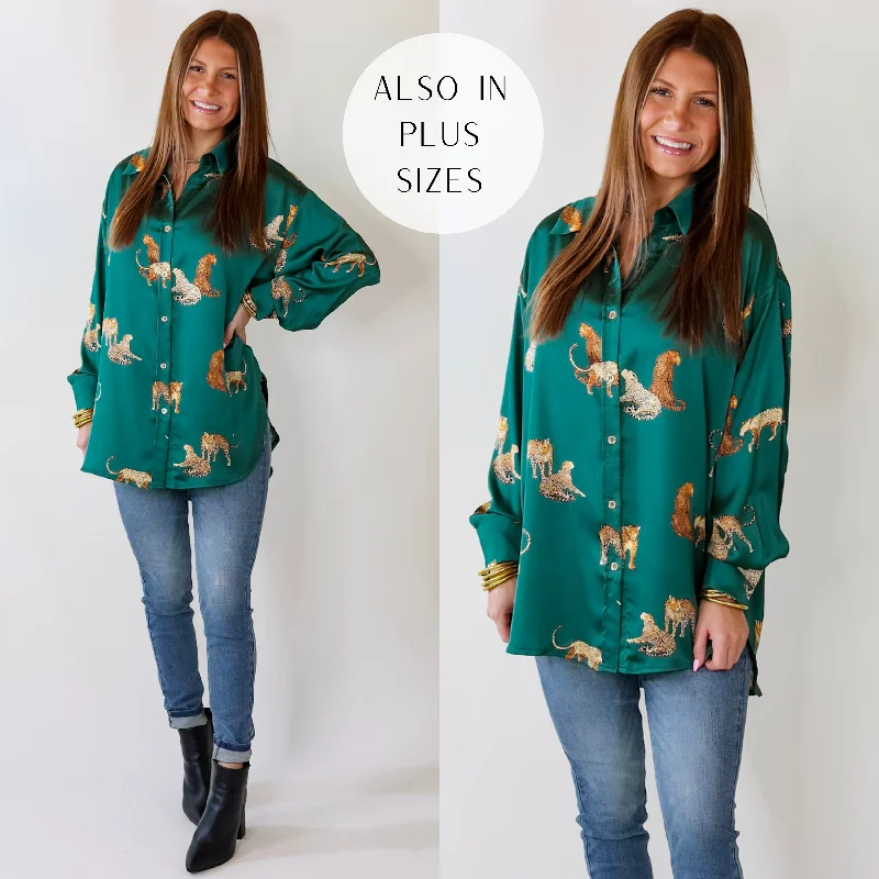 Tell Me Something Good Cheetah Print Long Sleeve Button Up Top in Hunter Green Women's Fashion Hotspots