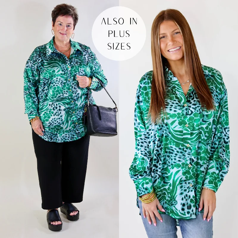 Tell Me Something Good Mixed Animal Print Long Sleeve Button Up Top in Green Versatile Wardrobe Essentials