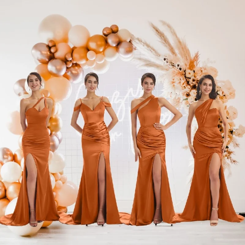 Burnt Orange Sexy Chic Silky Mismatched Satin Mermaid Long Wedding Bridesmaid Dresses Sale Chic Urban Fashion Look