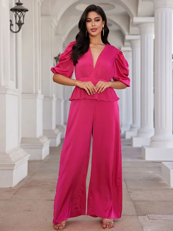 WOMEN'S SHORT PUFF SLEEVES V-NECK WIDE LEG JUMPSUIT Chic & Cozy Collection