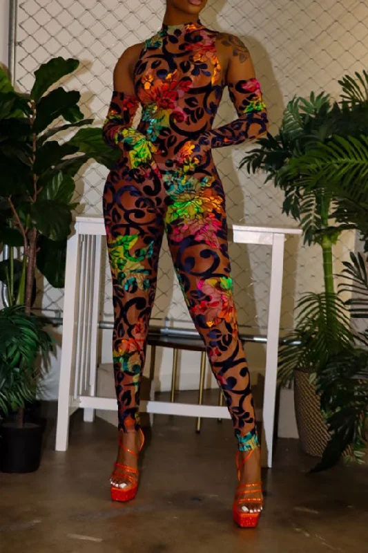 Flower Print Retro Bodycon Jumpsuit (With Gloves) Style Breakthroughs