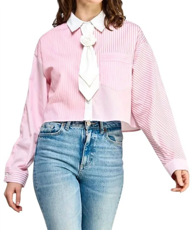 Ella Striped Collared Shirt With Rosette Tie In Pink Odd Size Clearance Sale