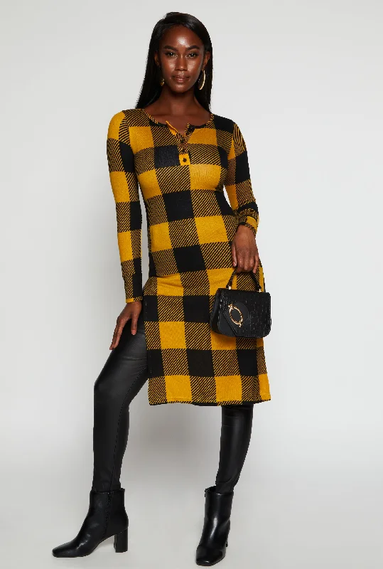 Plaid Side Slit Long Sleeve Tunic Top Stylish Statements