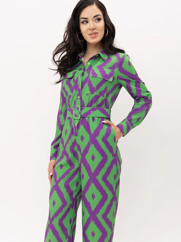 WOMEN'S LONG SLEEVE BUTTON UP POCKETS BELTED PRINTED JUMPSUIT Quality Wear