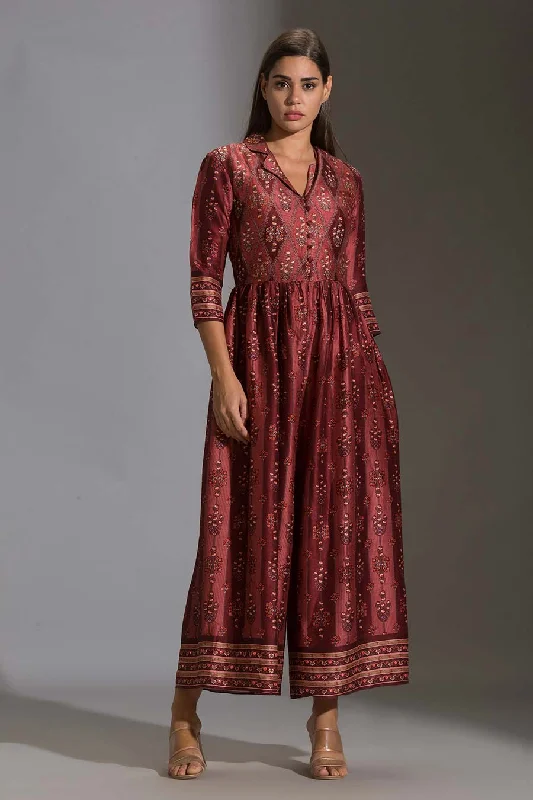 Maroon Printed Silk Jumpsuit Special Offer