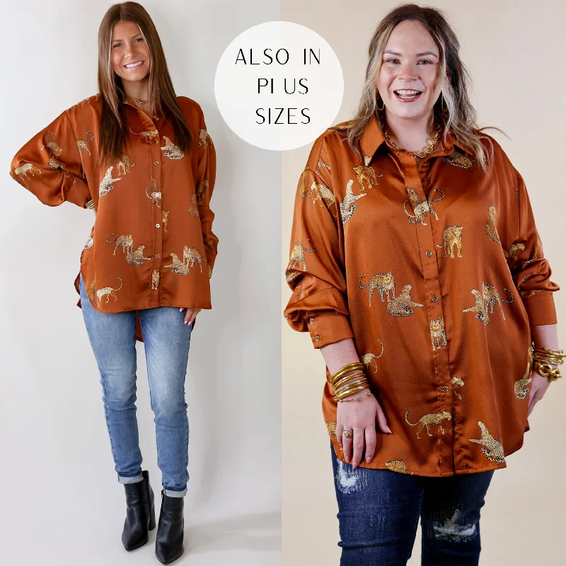 Tell Me Something Good Cheetah Print Long Sleeve Button Up Top in Camel Brown Trendsetter's Closet