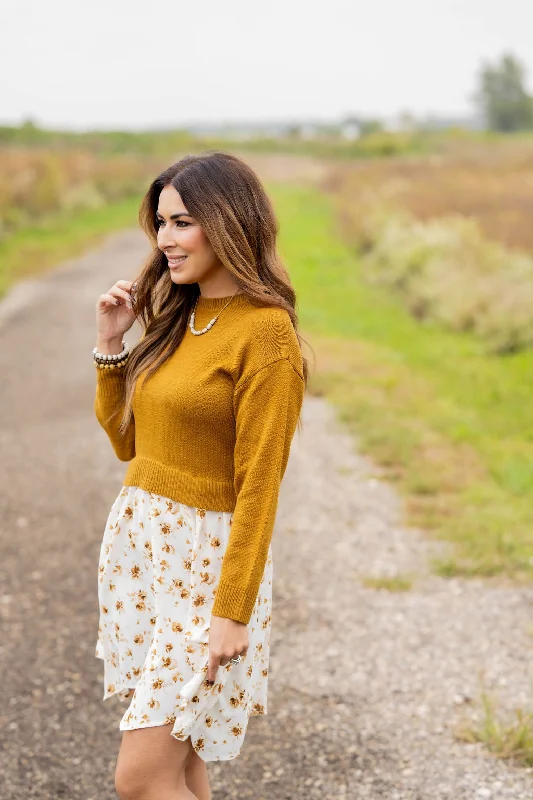 Floral Faux Layered Sweater Dress Soft Textures