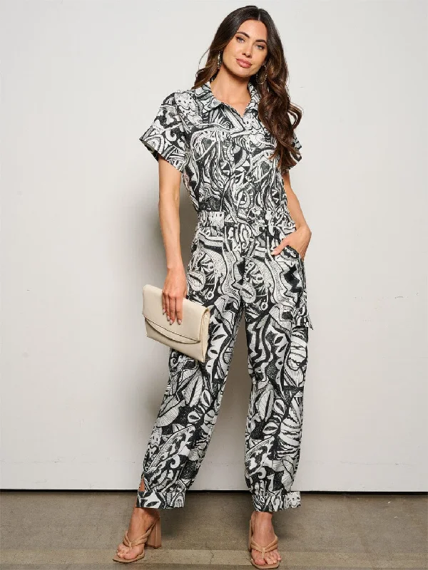 WOMEN'S SHORT PUFF SLEEVE BUTTON UP POCKETS MULTI PRINT JUMPSUIT Unleash Your Trendy Side