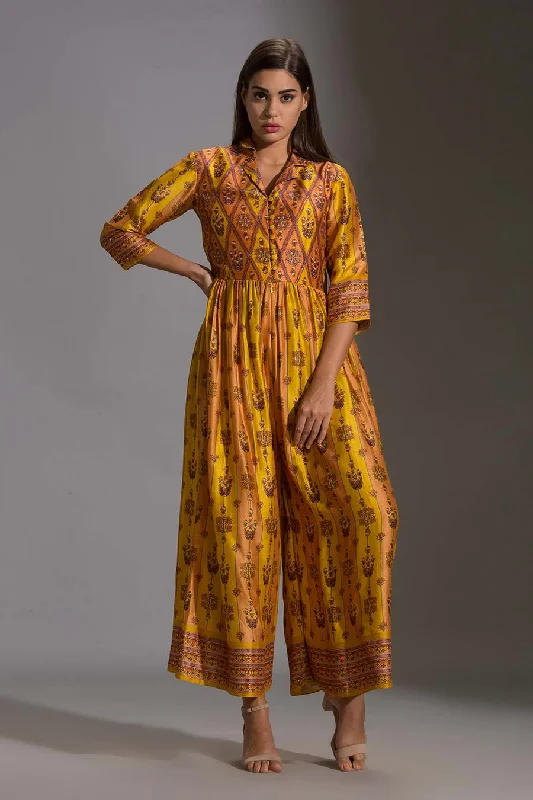 Yellow Printed Silk Jumpsuit Valentine's Special