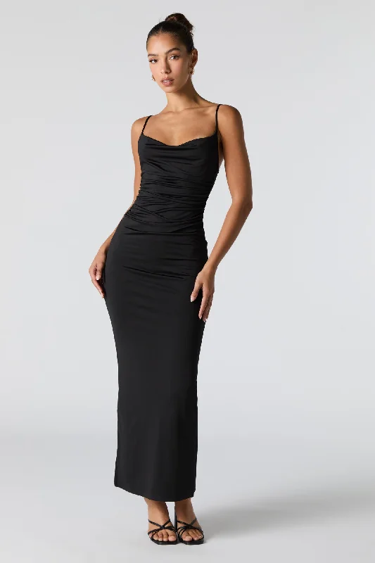 Ruched Cowl Neck Slit Back Maxi Dress Premium Quality Garments