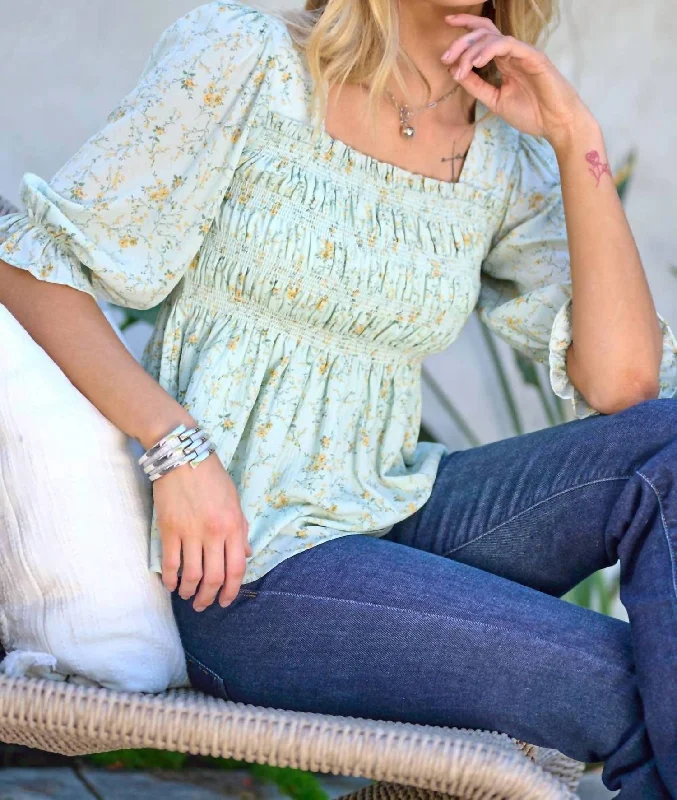 Floral Ruched Square Neck Top In Seafoam Browse Our Top Products