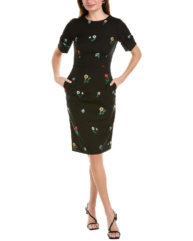 Oscar de la Renta Embroidered Silk-Lined Wool-Blend Sheath Dress Don't Miss Out