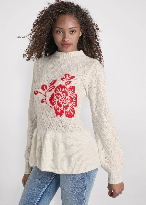 Rose Detail Peplum Sweater - Off White & Red Hot Styles