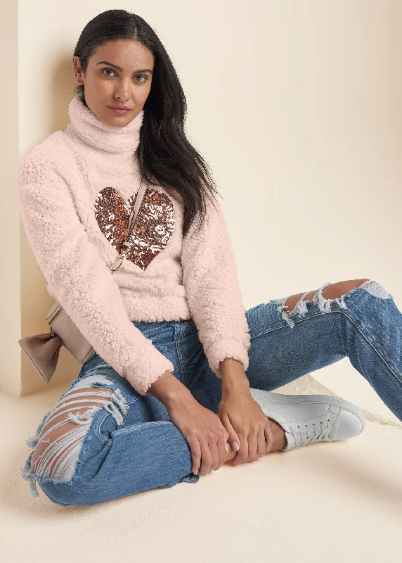 Heart Sherpa Sweatshirt  - Peach Blush Trendy Fashion Sale